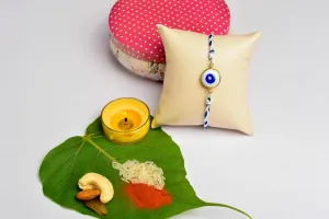 White & Blue Round Onyx Evil Eye Rakhi with Roli & Chawal - Handmade Designer Gift for Brothers
