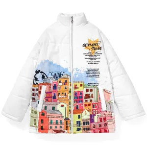 White Cartoon Graffiti Building Padded Coat