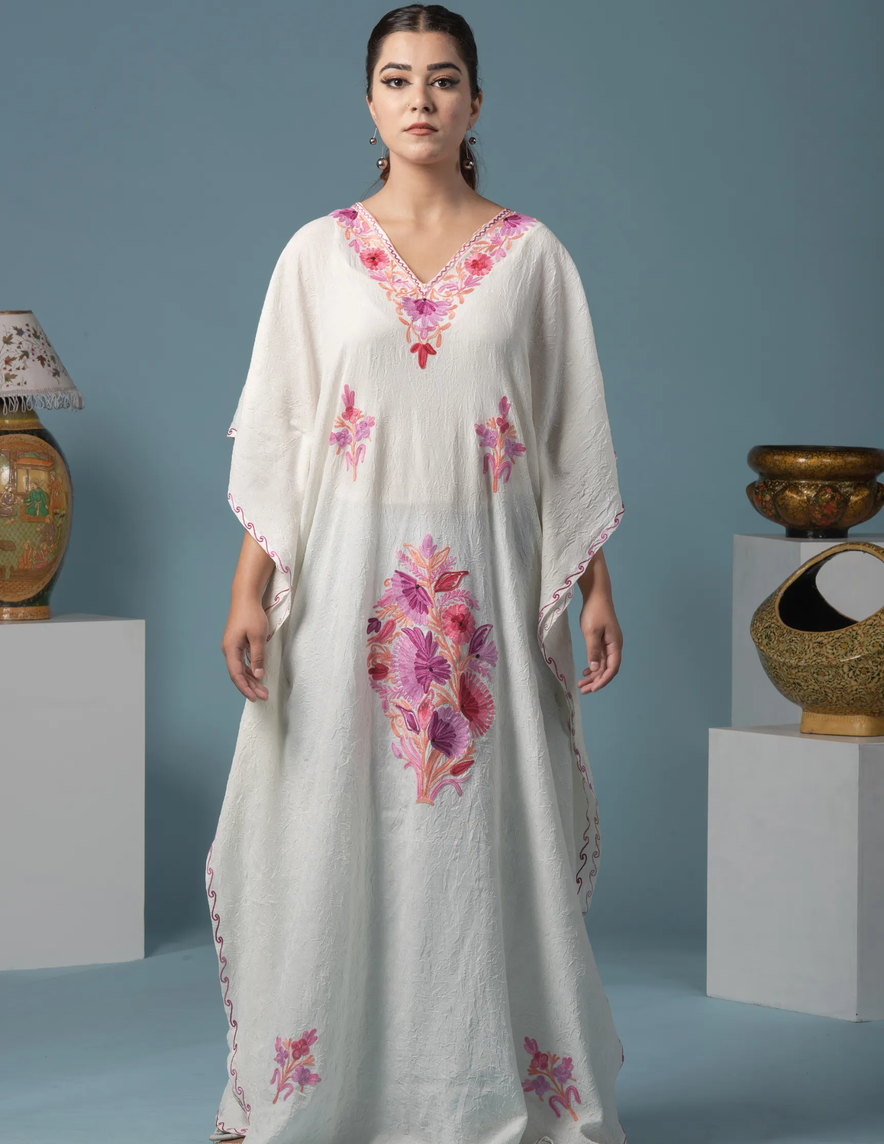 White Floral Aari Embroidered Summer Cotton Kaftan