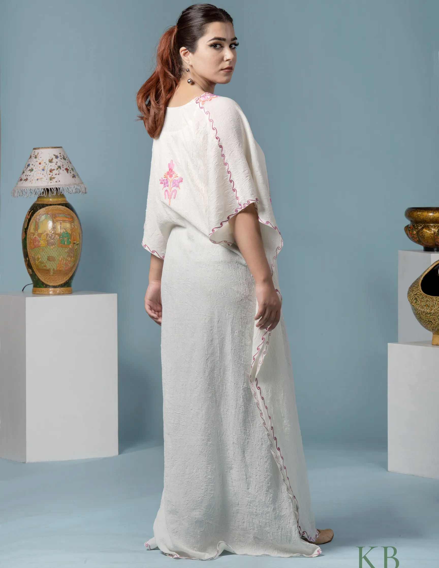 White Floral Aari Embroidered Summer Cotton Kaftan