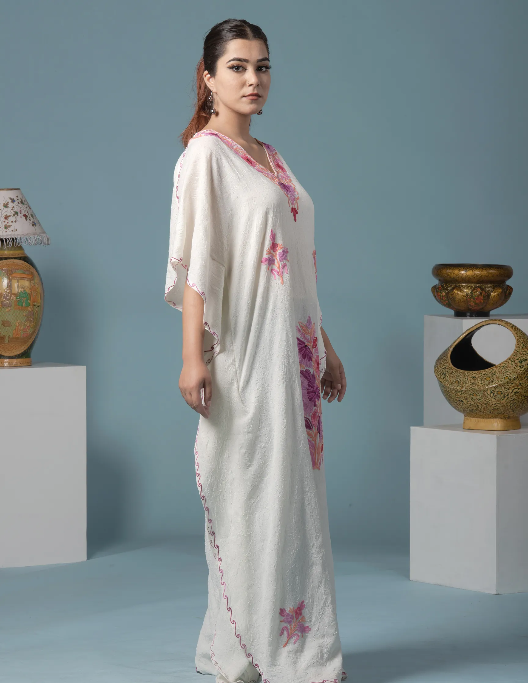 White Floral Aari Embroidered Summer Cotton Kaftan