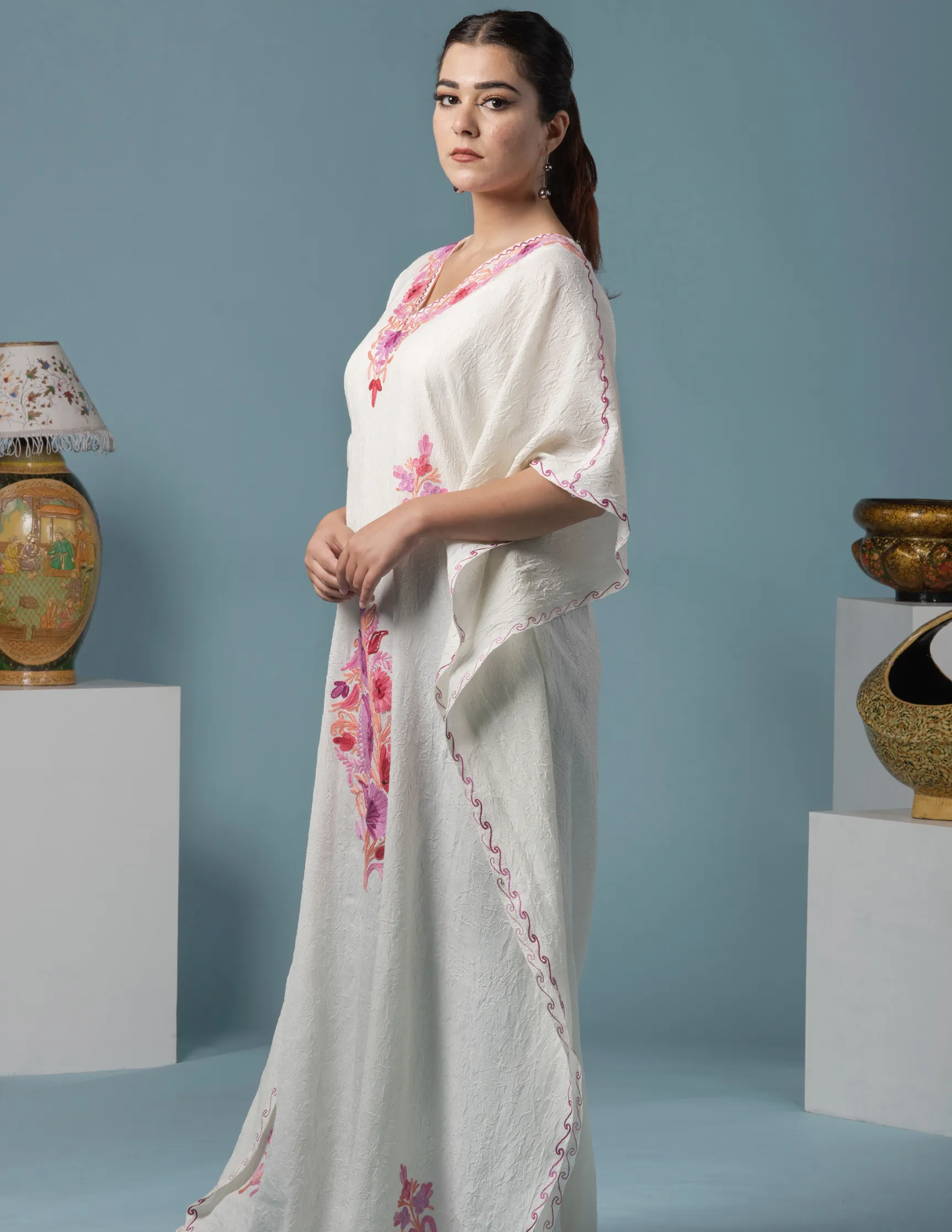 White Floral Aari Embroidered Summer Cotton Kaftan