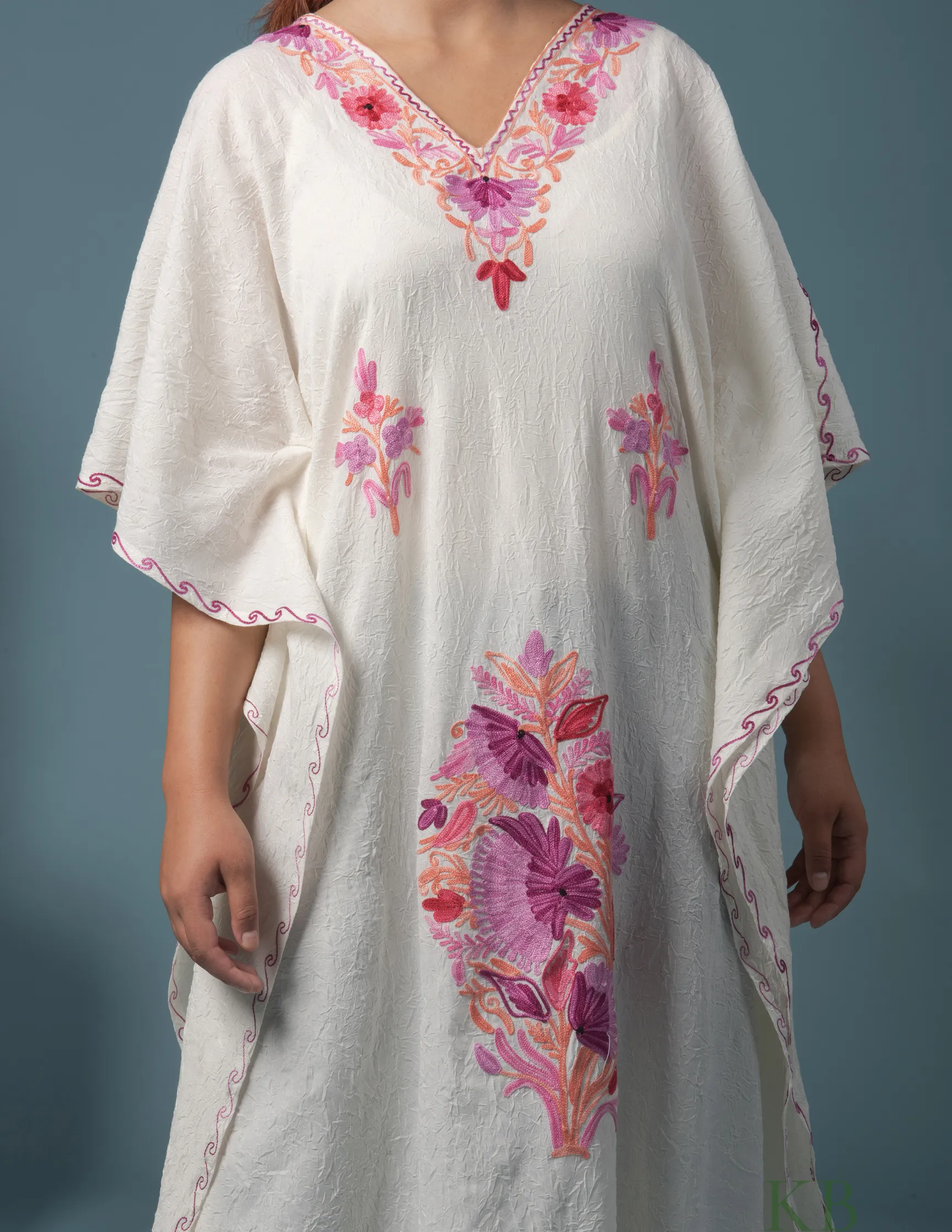 White Floral Aari Embroidered Summer Cotton Kaftan
