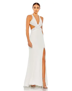White Floral Sequined Criss Cross Bodice Gown