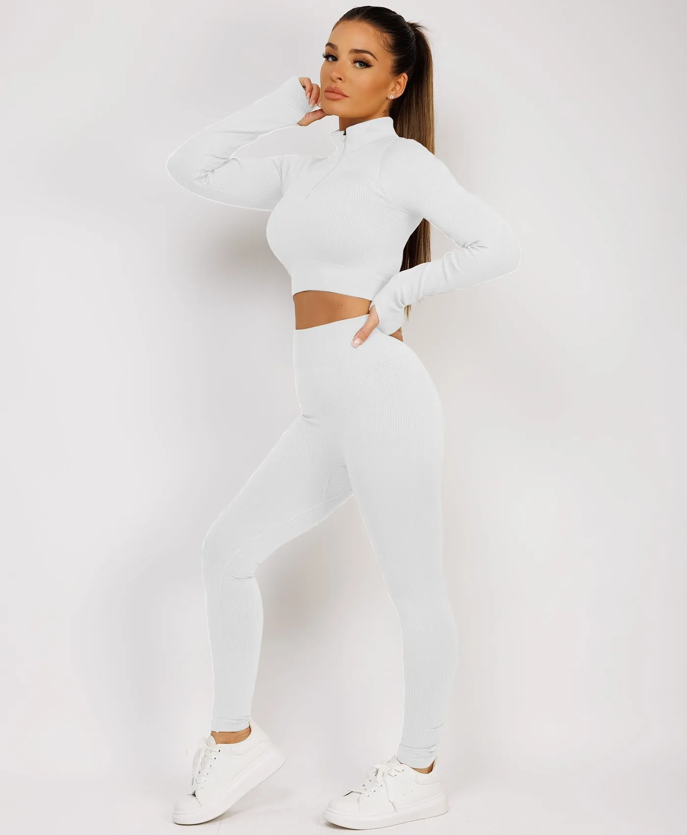 White Half Zipped Neck Ribbed Activewear Set