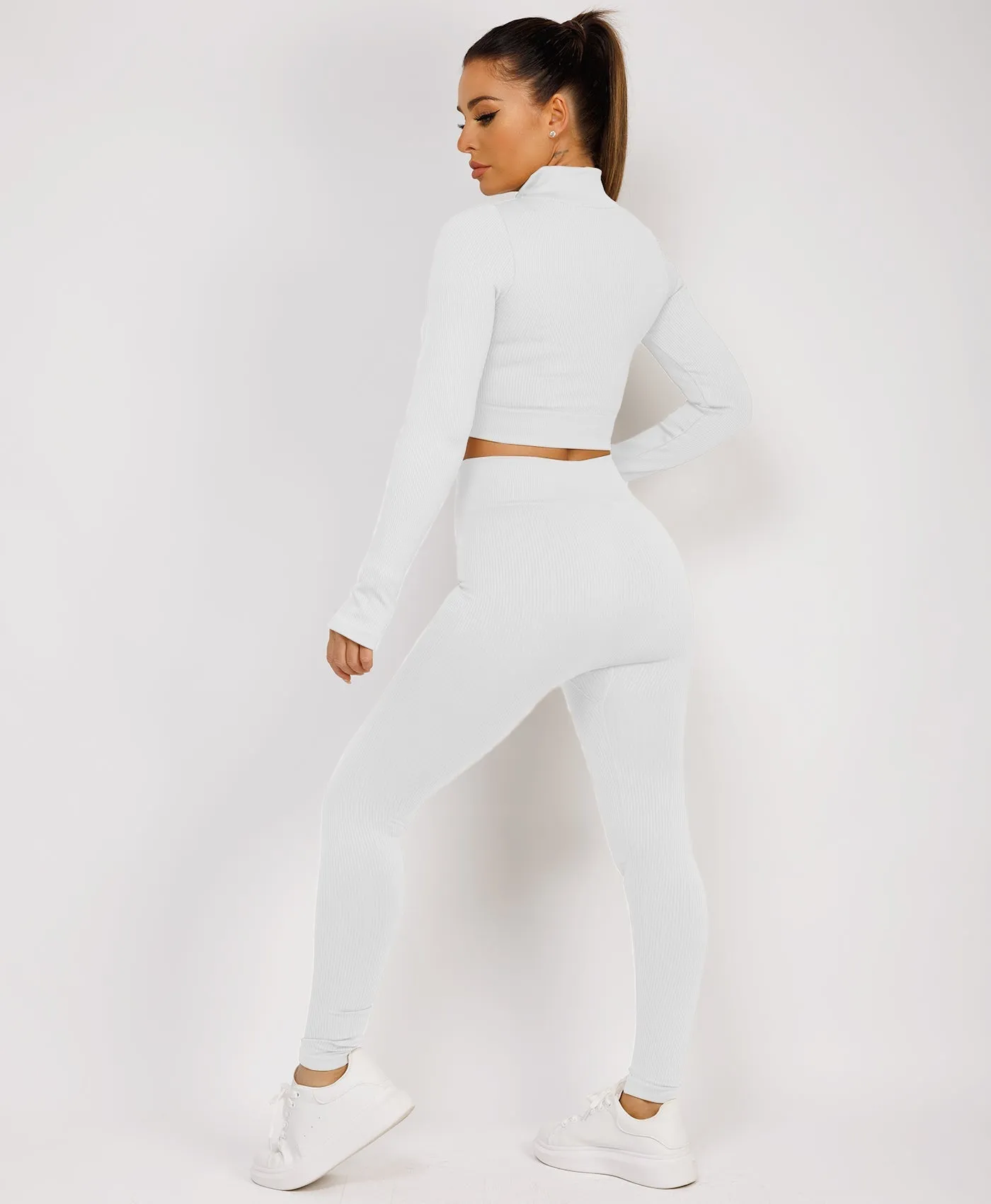White Half Zipped Neck Ribbed Activewear Set
