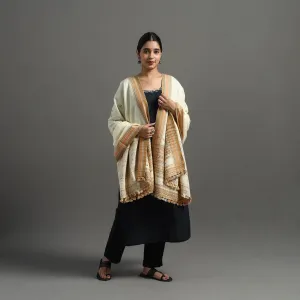 White - Kutch Handwoven Mirror Work Woollen Shawl 06