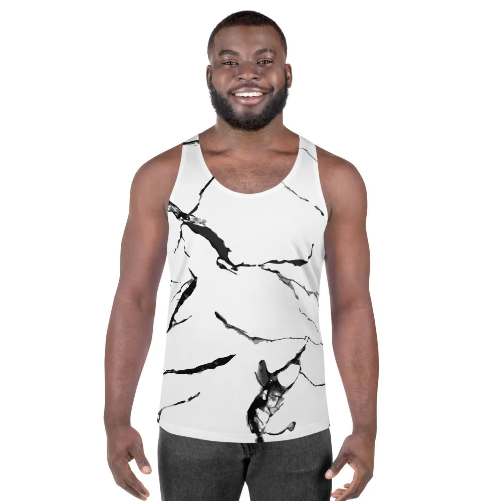 White Marble Unisex Tank Top, Modern Abstract Marbled Print Men's Top-Made in USA/EU