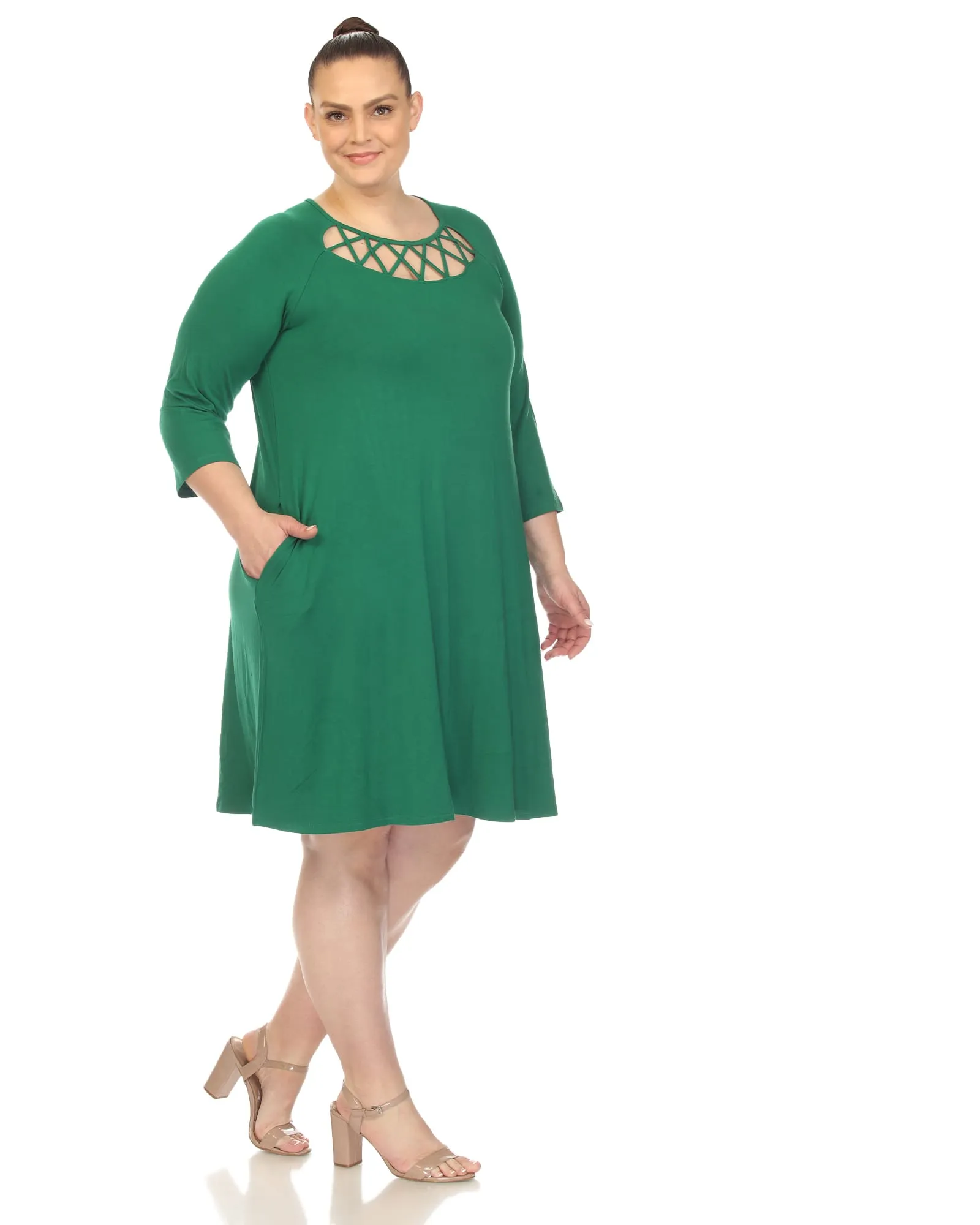 White Mark Women's  Criss Cross Neckline Swing Midi Dress | Green