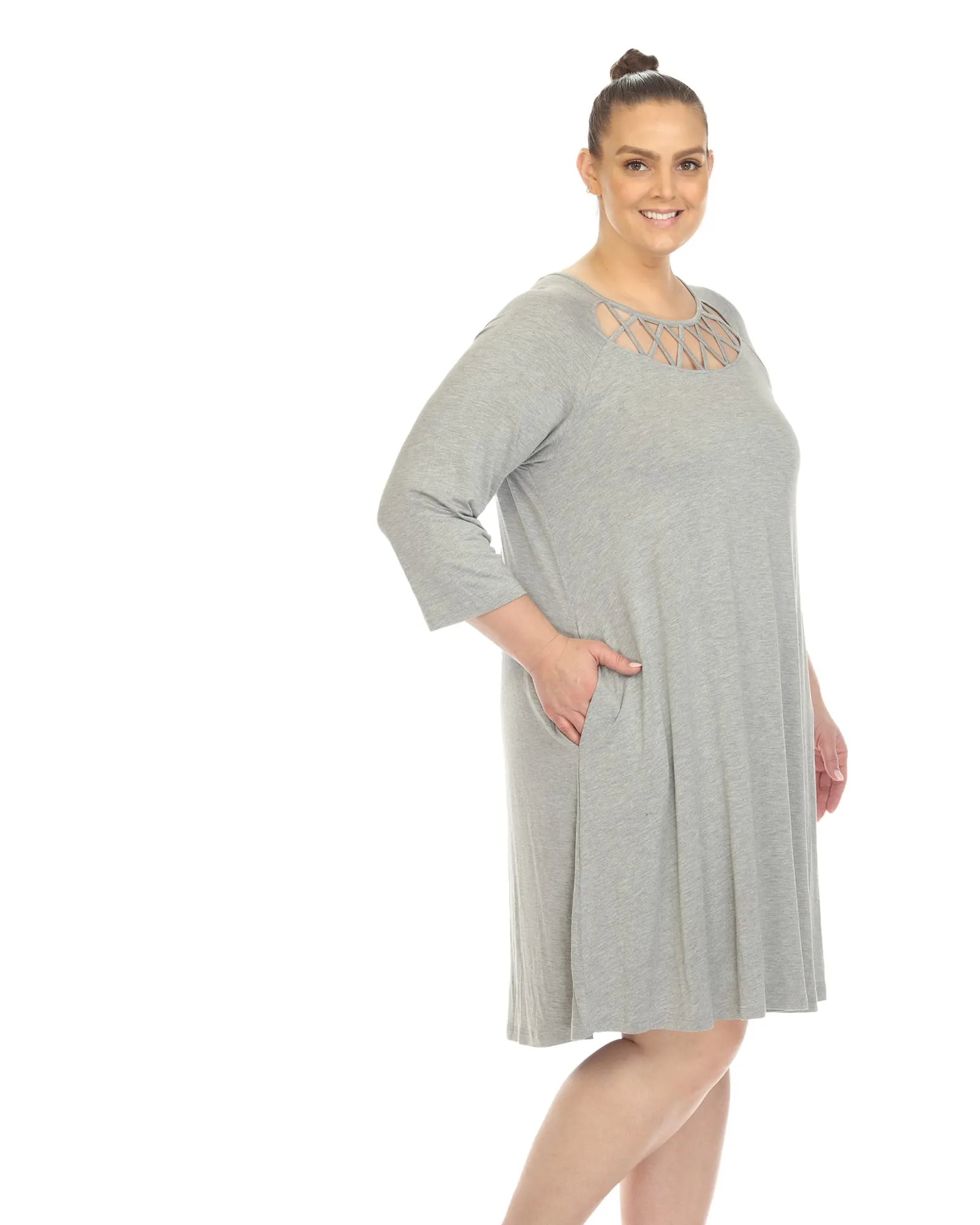 White Mark Women's  Criss Cross Neckline Swing Midi Dress | Heather Grey