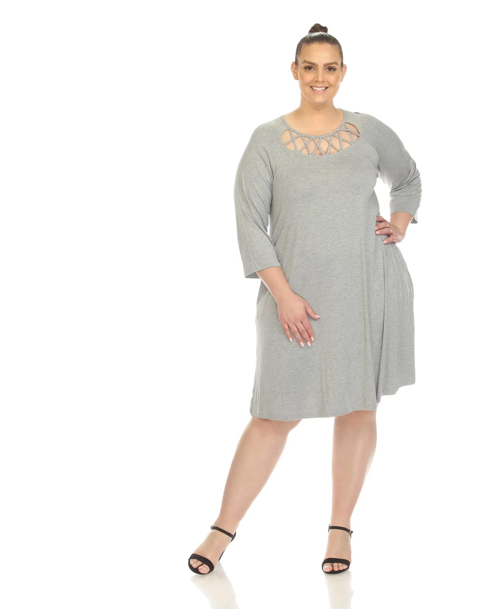 White Mark Women's  Criss Cross Neckline Swing Midi Dress | Heather Grey