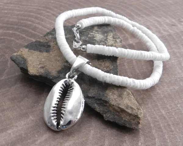 White Pukka Necklace with Cowry Shell Pendant