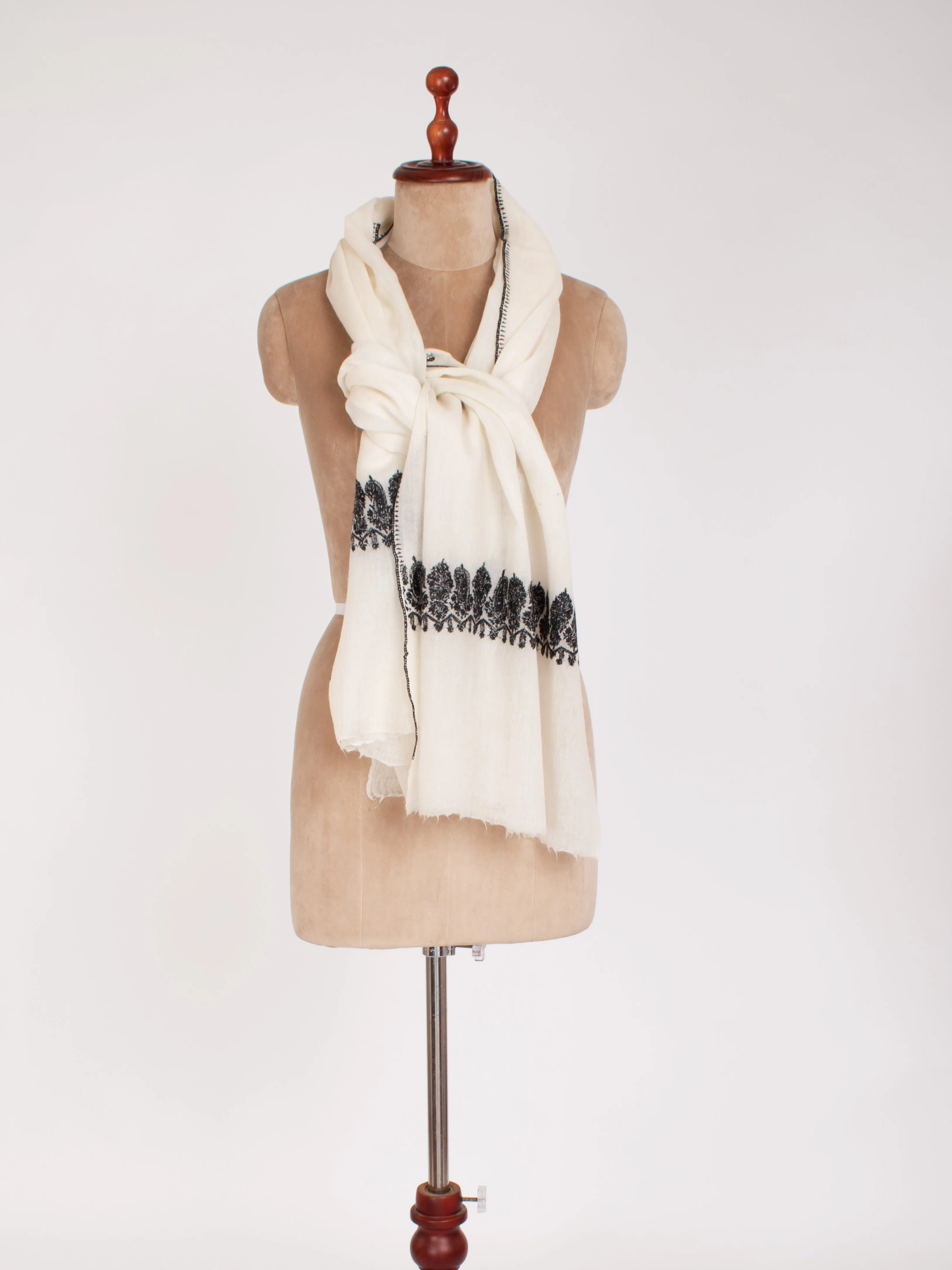 White Pure Wool Scarf With Black Hand Embroidery