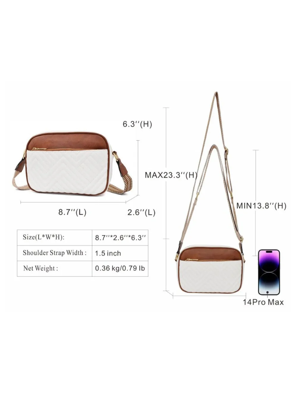 White Quilted Contrast Color Square Crossbody Shoulder Bag