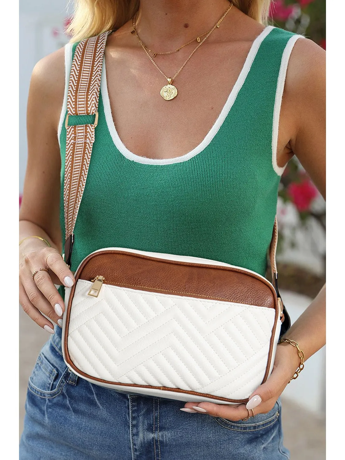 White Quilted Contrast Color Square Crossbody Shoulder Bag