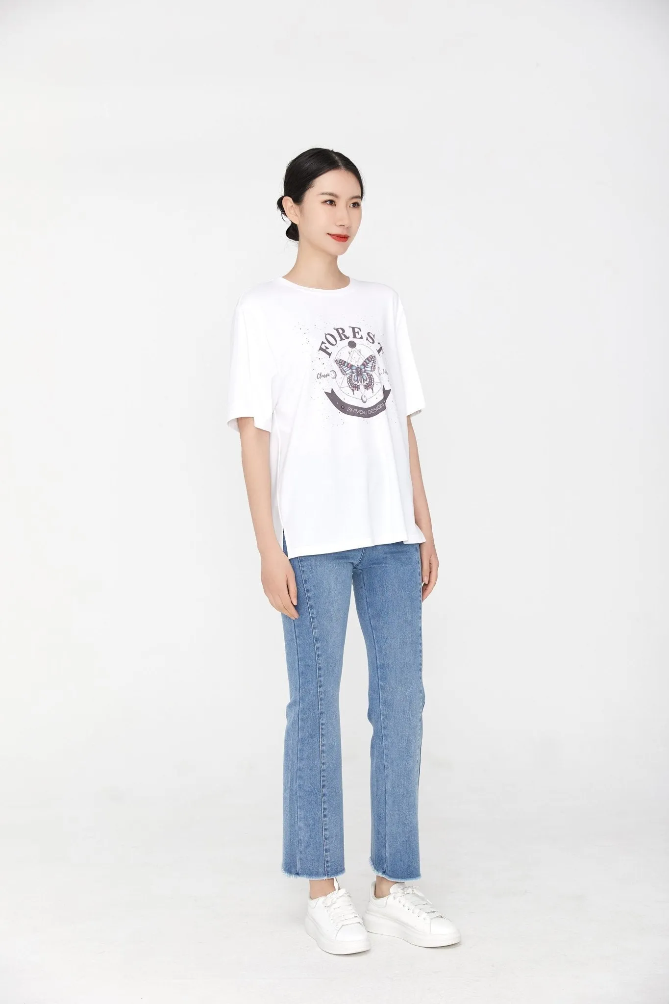 White T-shirt Butterfly Pattern
