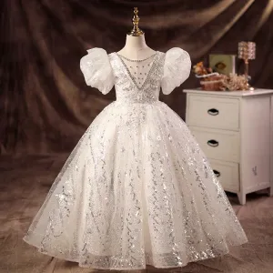White wedding dress puff sleeve flower girl elegant fluffy girl evening dress
