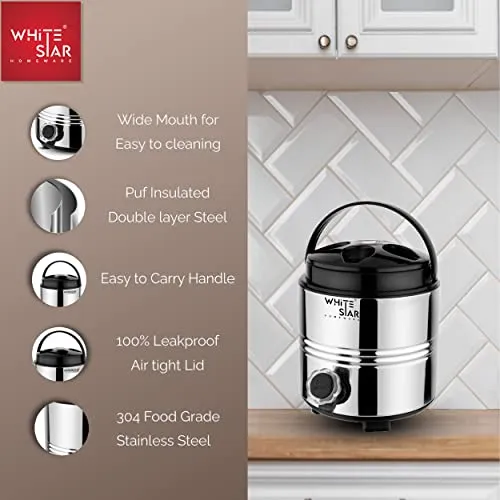 WHITESTAR Stainless Steel 3 Liter Water Containers with Tap - Hot and Cold Upto 4-5 Hours - Travel Water Jug for Office Home Kitchen - Highly Durable & Unbreakable - Easy to Carry Handle