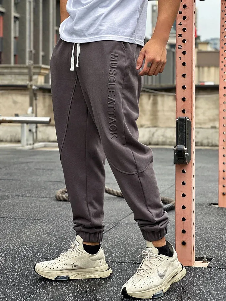 Wiaofellas - Casual Breathable Training Cotton Jogger Men Streetwear Fashion Letter Texture Solid Trousers Gym Drawstring Long Pant Male