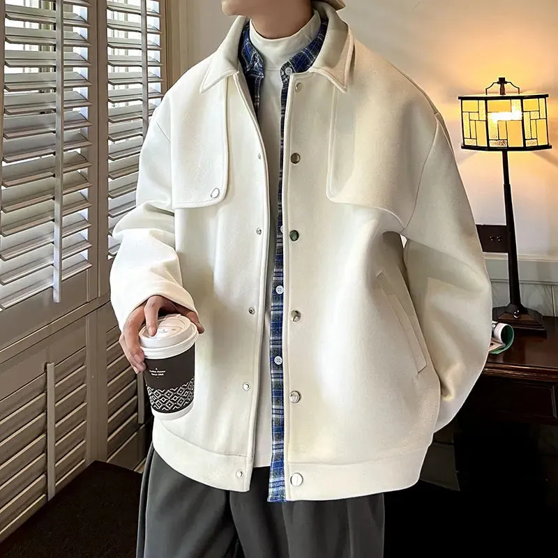 WIAOFELLAS  -  Winter Short Woolen Coat Men Warm Retro Thickened Woolen Jacket Men Streetwear Korean Loose Woolen Coat Mens Oversized Overcoat