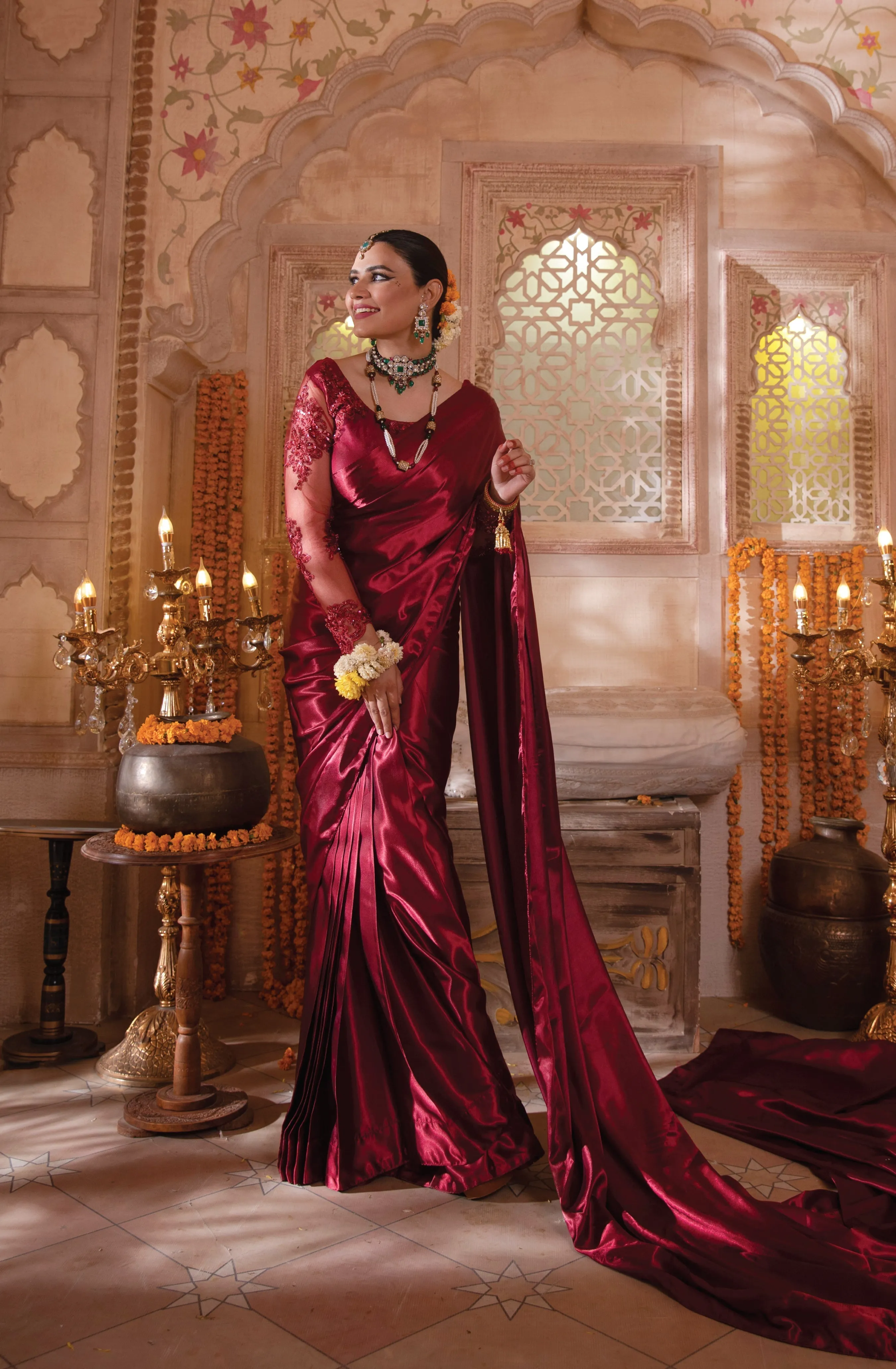Wine Red Embellished Raw Silk Saree with Net Blouse (Jaanam)