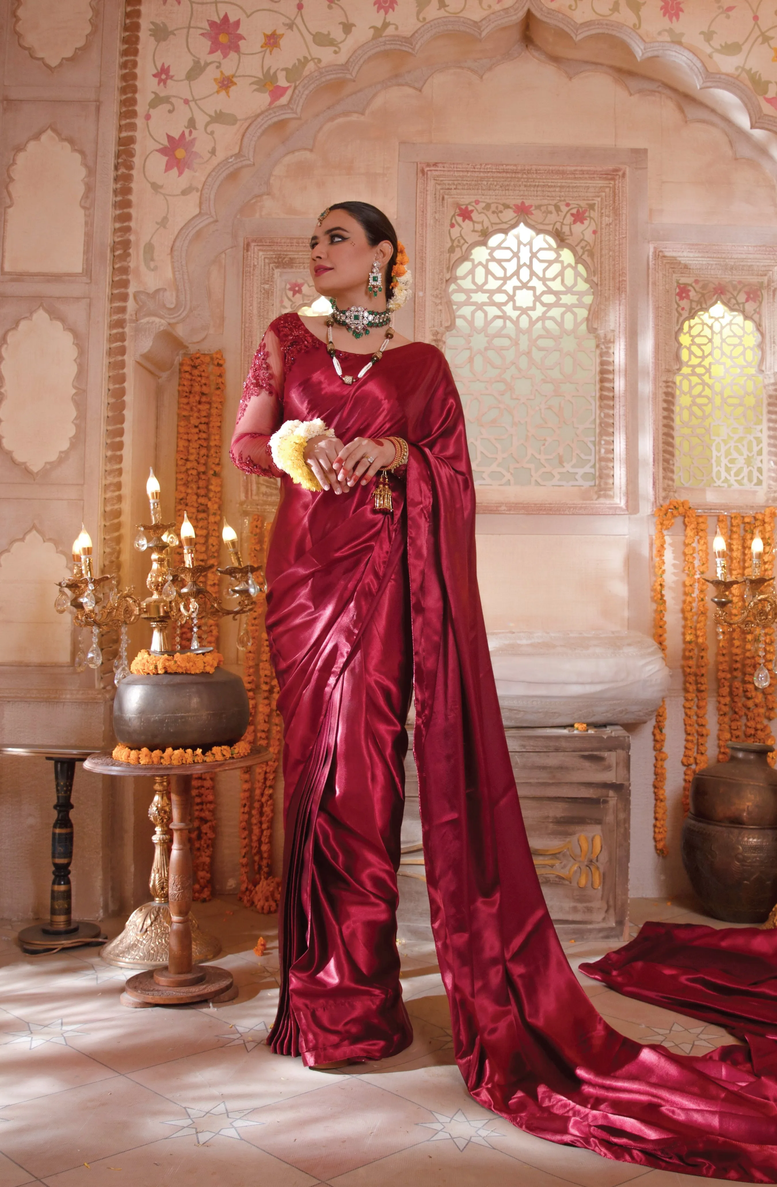 Wine Red Embellished Raw Silk Saree with Net Blouse (Jaanam)
