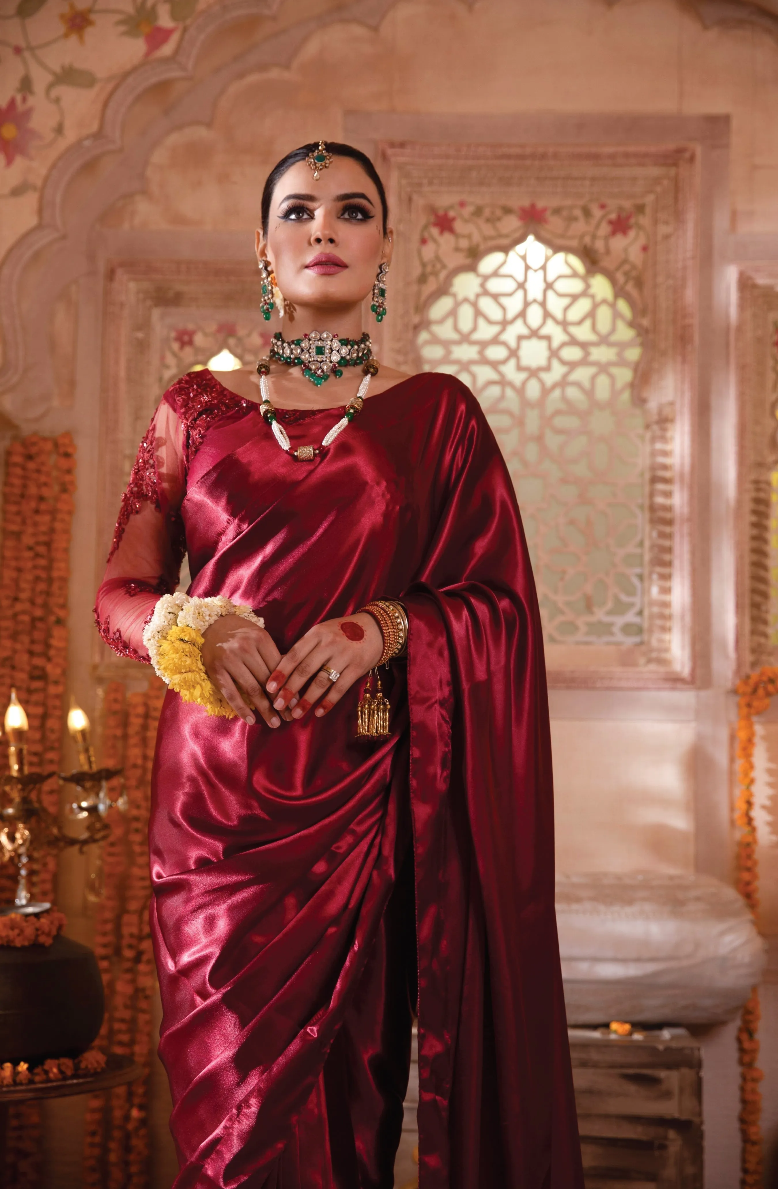 Wine Red Embellished Raw Silk Saree with Net Blouse (Jaanam)