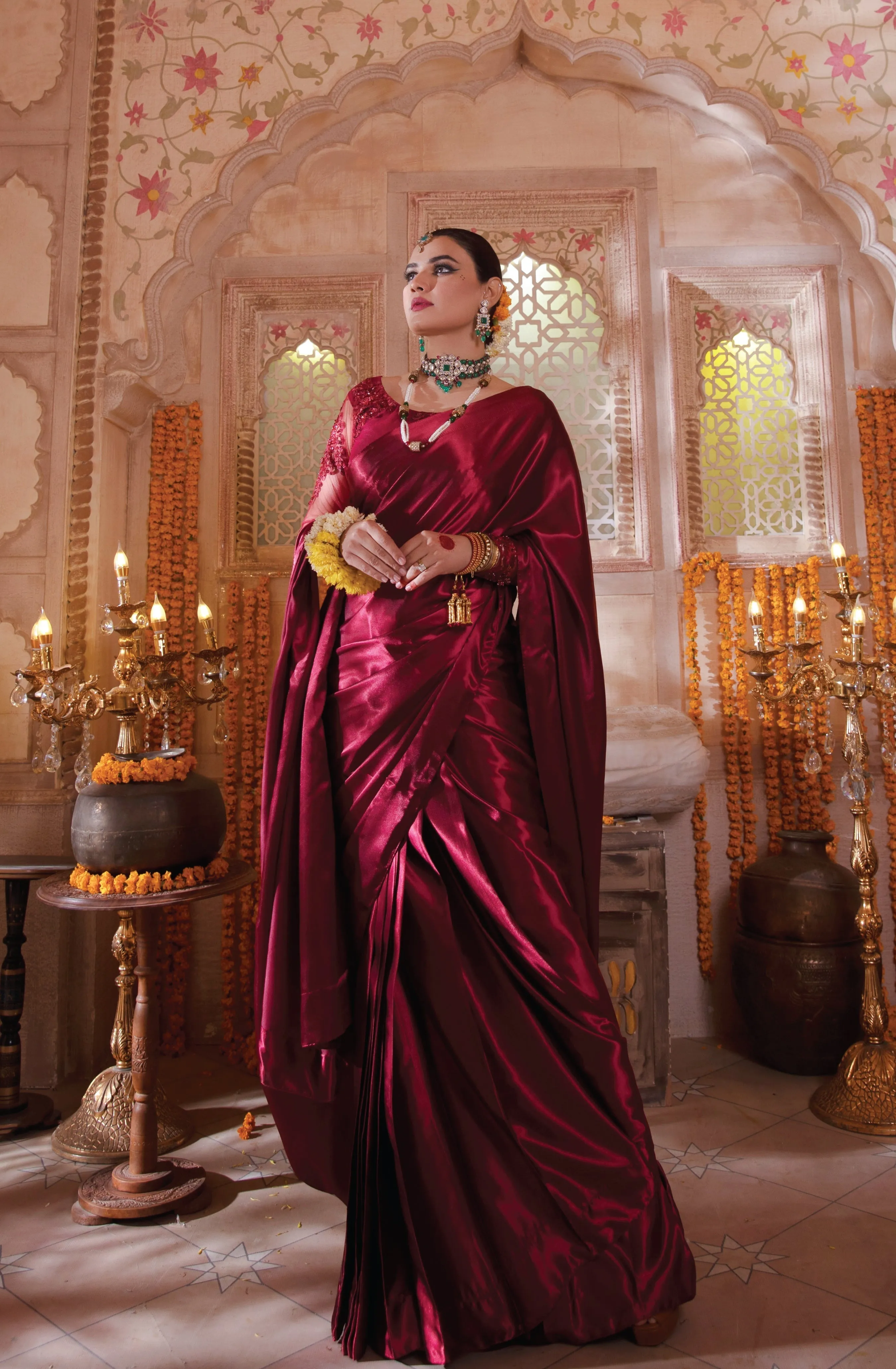 Wine Red Embellished Raw Silk Saree with Net Blouse (Jaanam)