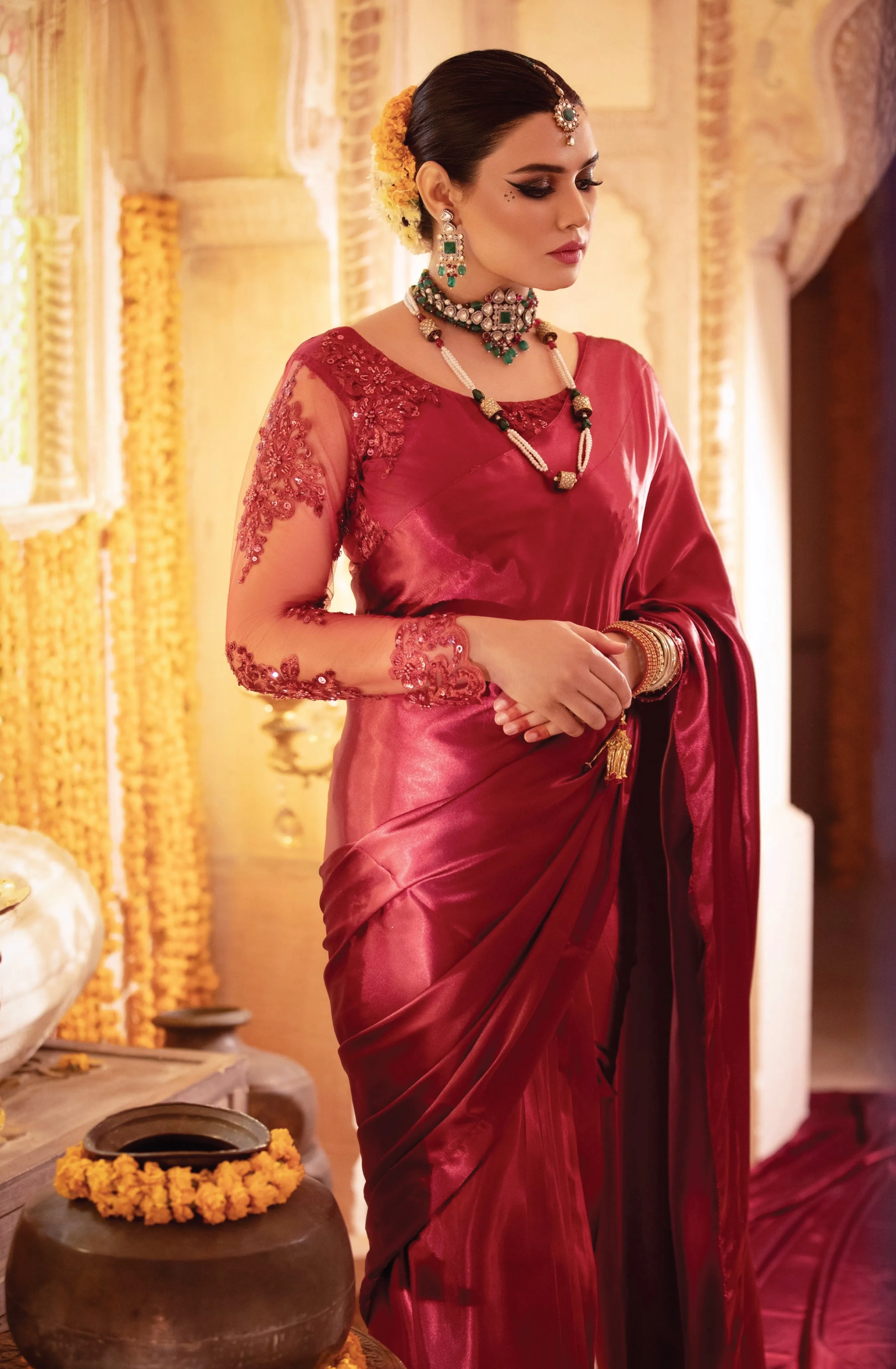 Wine Red Embellished Raw Silk Saree with Net Blouse (Jaanam)