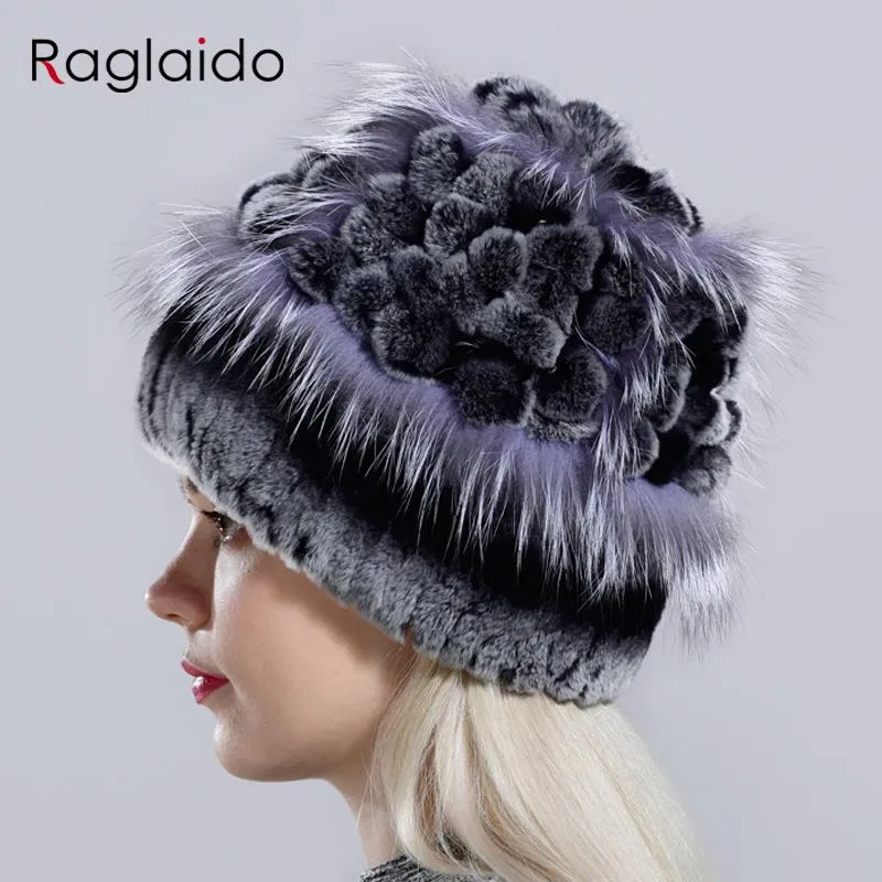 Winter Hat Women Rex Rabbit Fur Warm Knitted Hand Sewn Floral Fox Elegant Stylish Ladies Cold Hat Furry Cap Natural Fur Hat