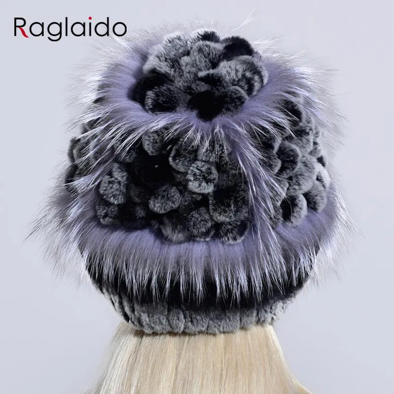 Winter Hat Women Rex Rabbit Fur Warm Knitted Hand Sewn Floral Fox Elegant Stylish Ladies Cold Hat Furry Cap Natural Fur Hat