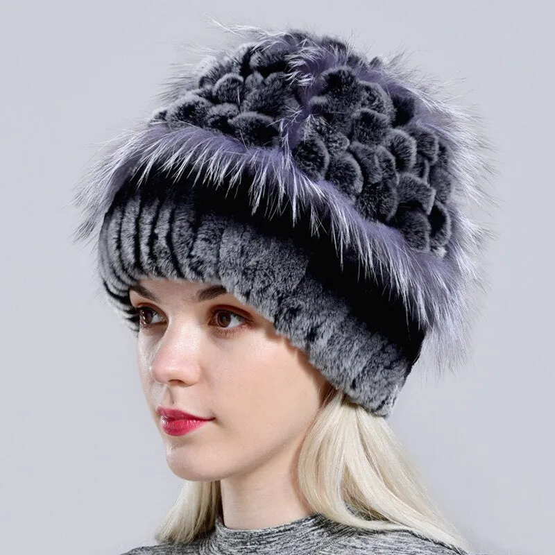 Winter Hat Women Rex Rabbit Fur Warm Knitted Hand Sewn Floral Fox Elegant Stylish Ladies Cold Hat Furry Cap Natural Fur Hat