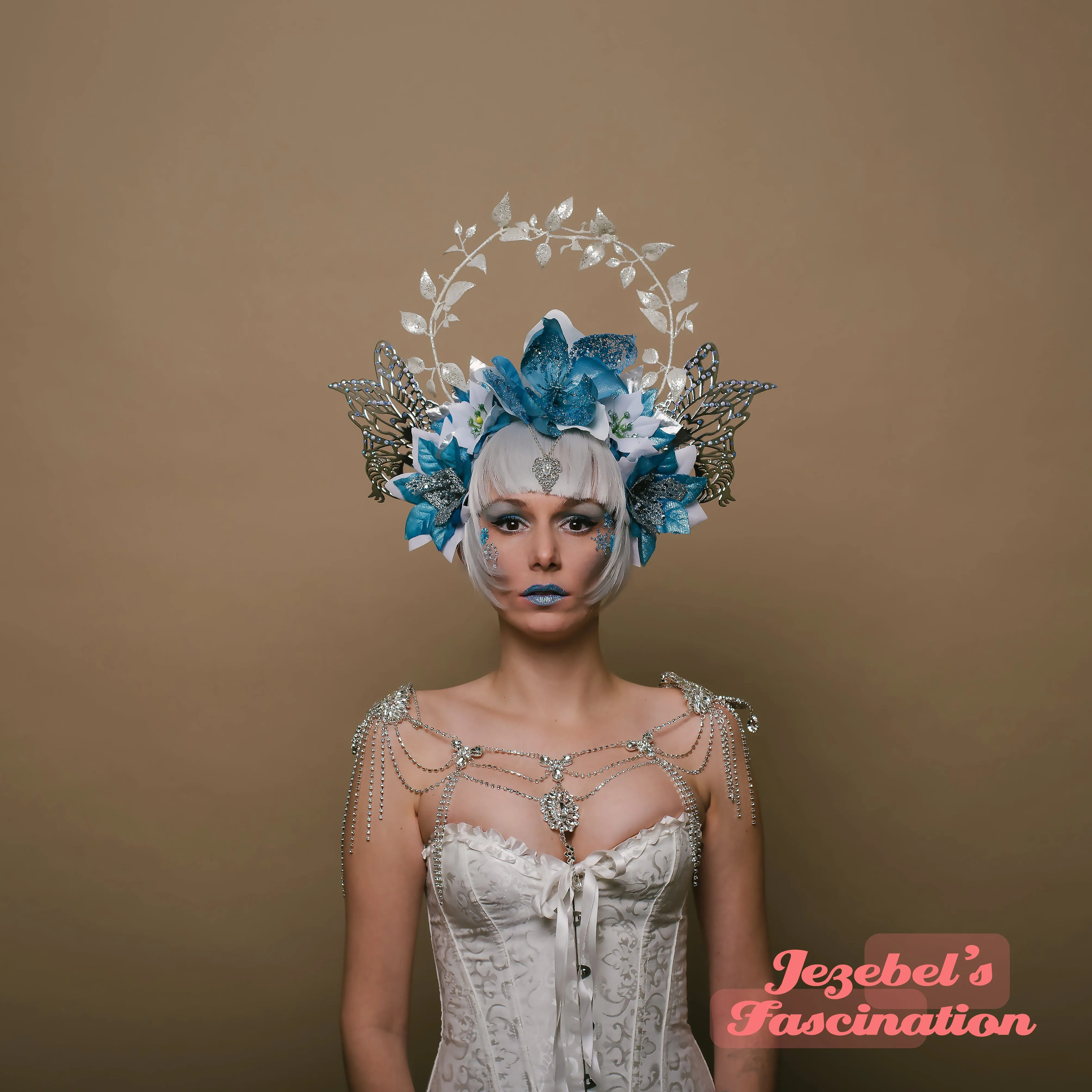 Winter Woodland Queen Rave Fairy Head Piece Ice Blue Silver Pixie Wings Electric Forest White Crown Festival Carnevale Floral Headdress Frosty Snow Goddess Nymph New Orleans Festival Carnival Theater Hand Made Unique Halloween Costume