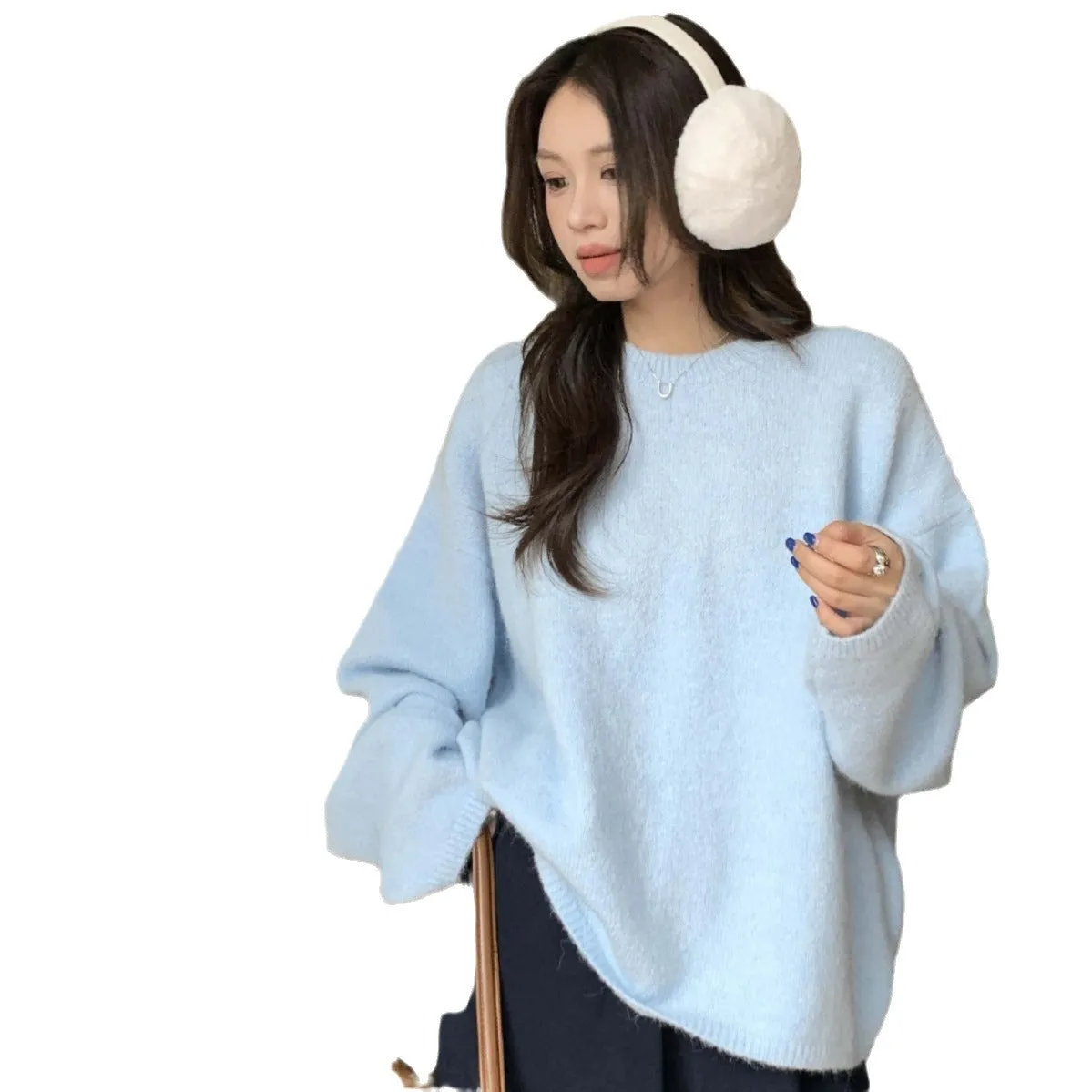 Wjczt  New Autumn and Winter Loose Skin-Friendly Solid Color round Neck Knitted Lazy Outer Wear Pullover Thickened Soft Glutinous Sweater for Women