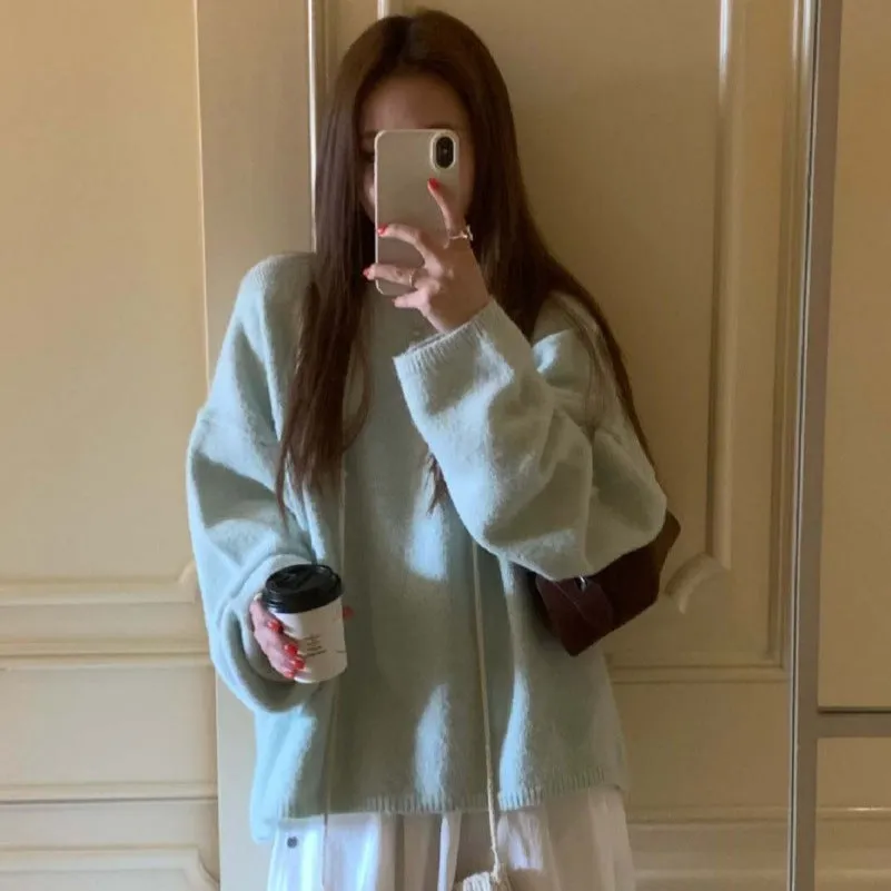 Wjczt  New Autumn and Winter Loose Skin-Friendly Solid Color round Neck Knitted Lazy Outer Wear Pullover Thickened Soft Glutinous Sweater for Women