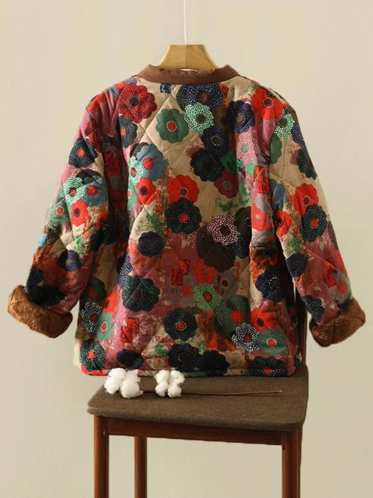 WLS Large Flowered Thickened Cotton Buckle Cardigan