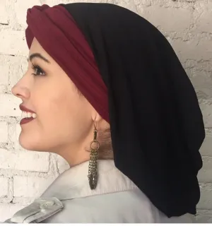Woman’s Turban Beanie Black Snood Hijab With Stretchy Band For Comfort & Height. USA