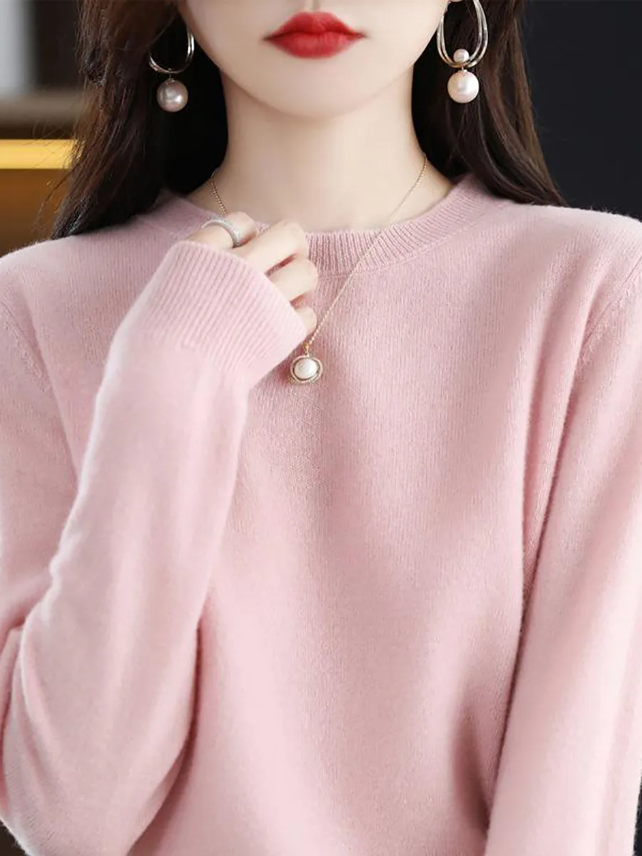 Women Autumn Casual Solid Wool O-Neck Knit Sweater