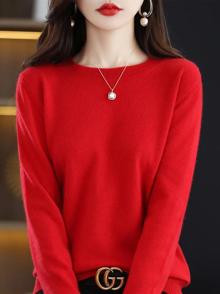 Women Autumn Casual Solid Wool O-Neck Knit Sweater