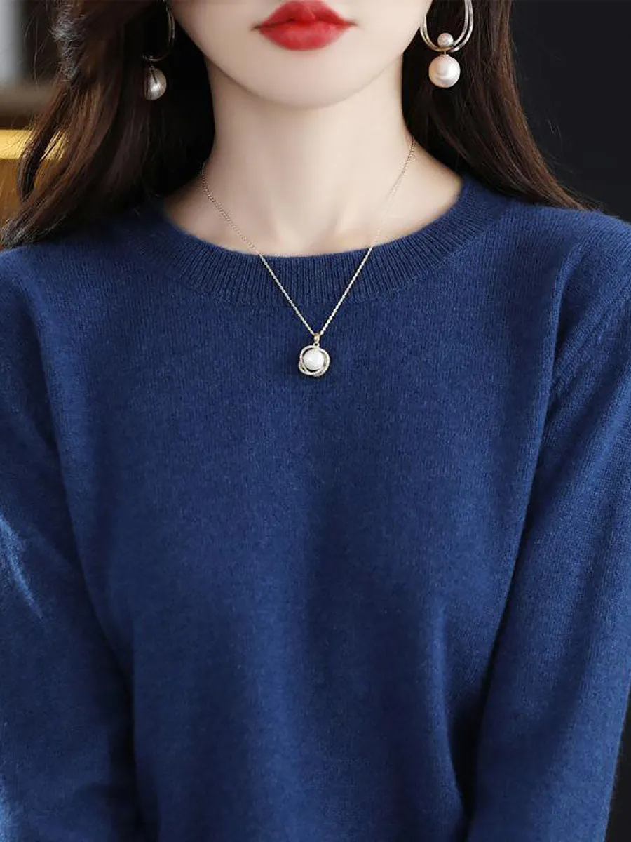 Women Autumn Casual Solid Wool O-Neck Knit Sweater