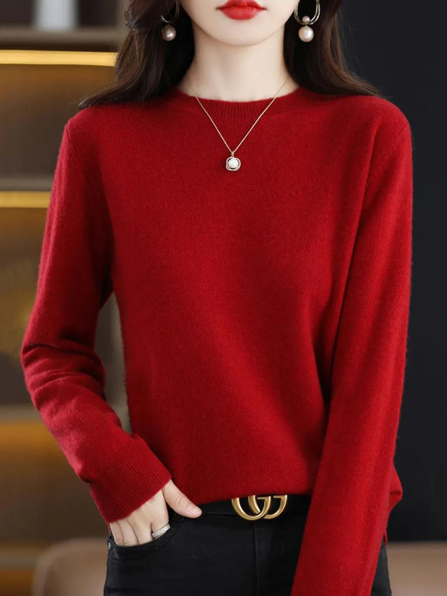 Women Autumn Casual Solid Wool O-Neck Knit Sweater