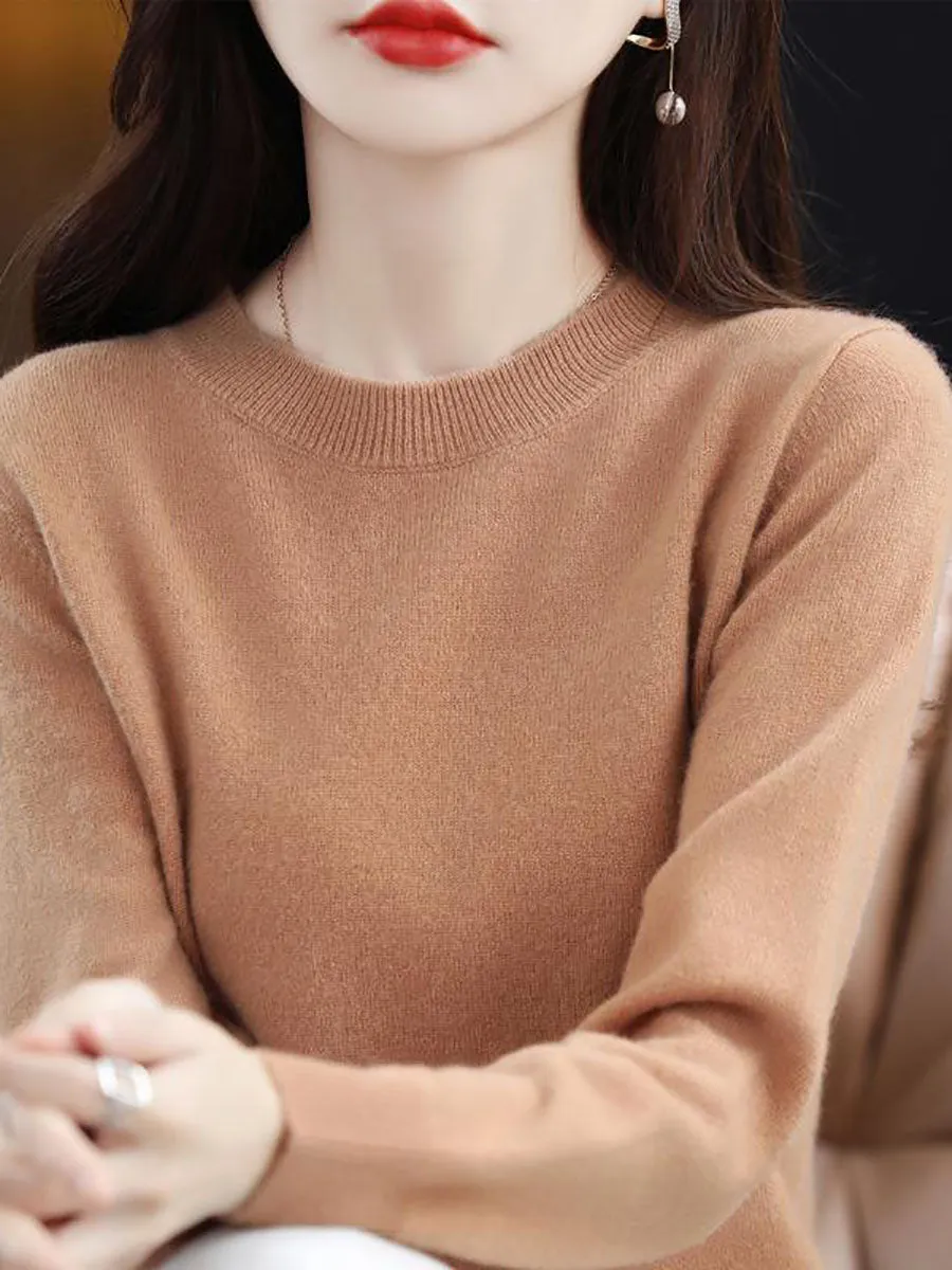 Women Autumn Casual Solid Wool O-Neck Knit Sweater
