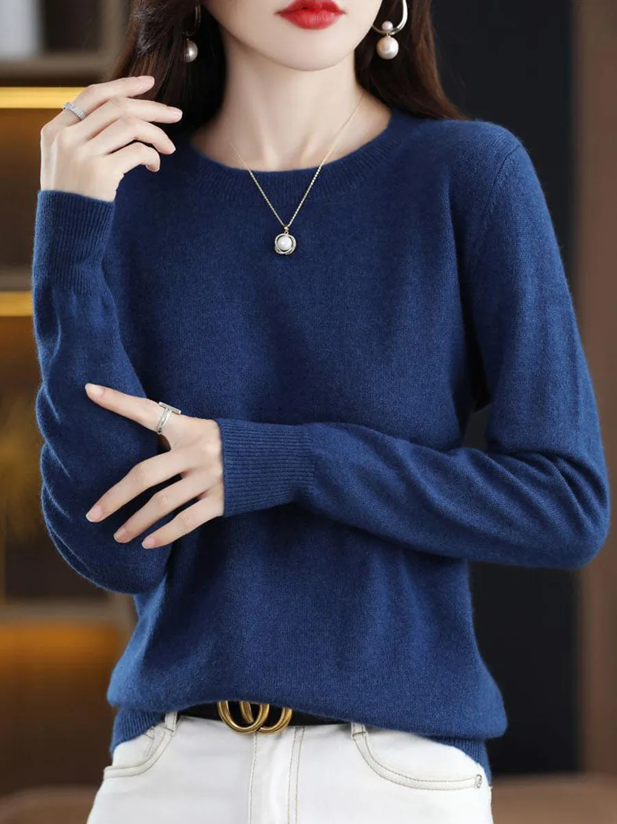 Women Autumn Casual Solid Wool O-Neck Knit Sweater