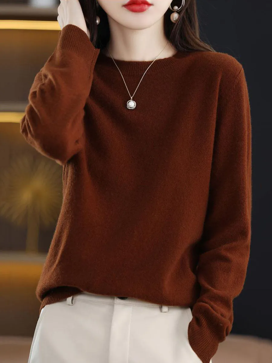 Women Autumn Casual Solid Wool O-Neck Knit Sweater