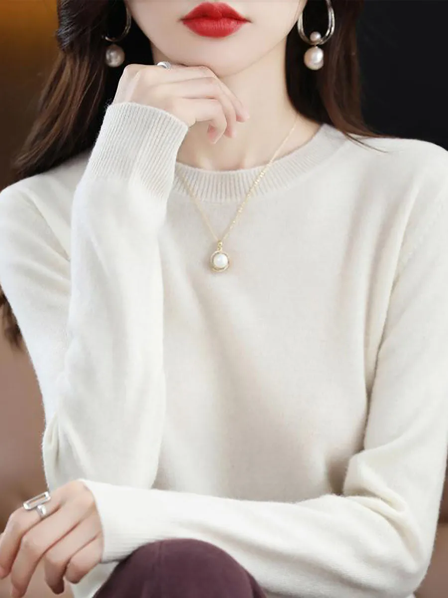 Women Autumn Casual Solid Wool O-Neck Knit Sweater