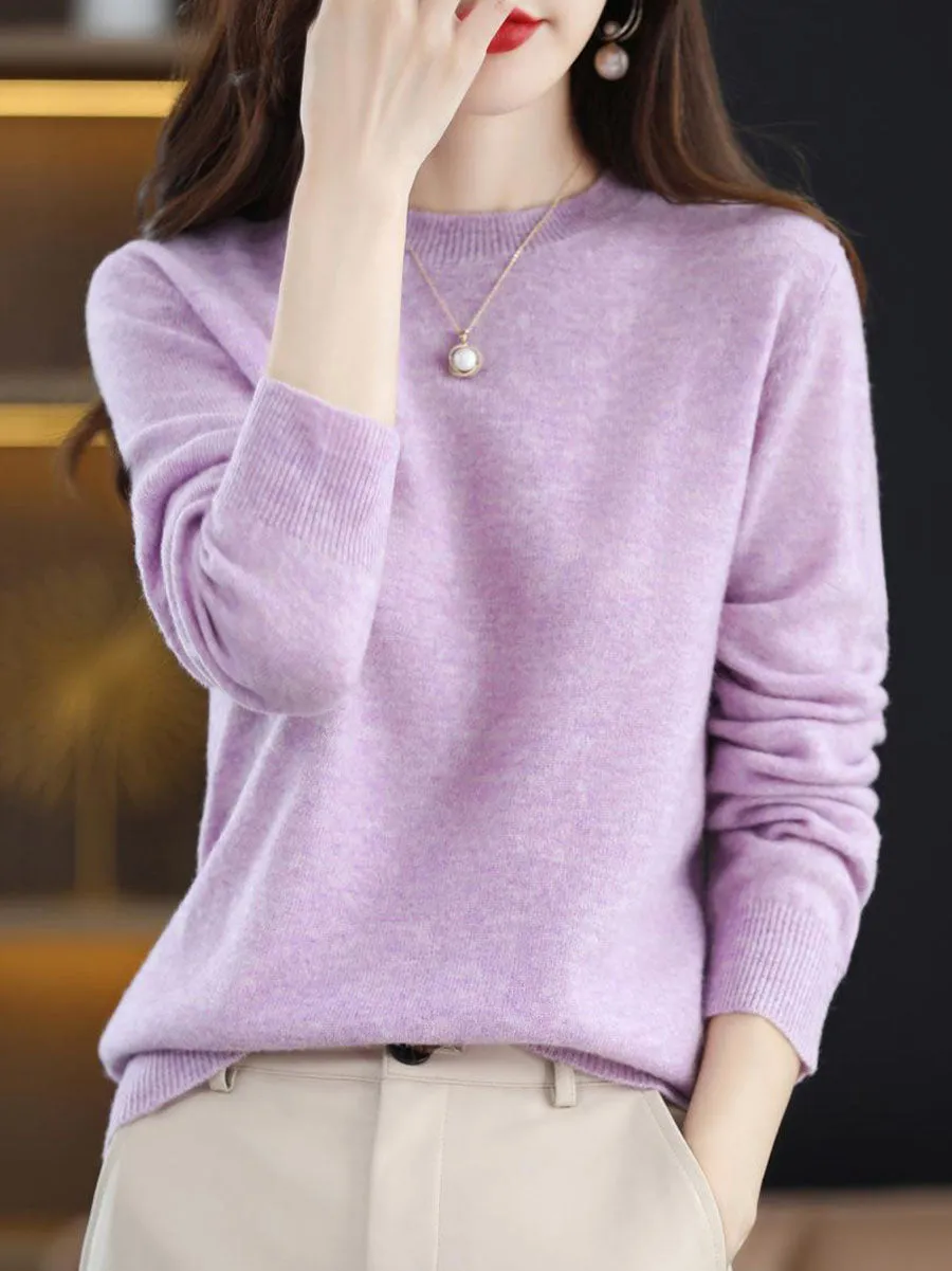 Women Autumn Casual Solid Wool O-Neck Knit Sweater