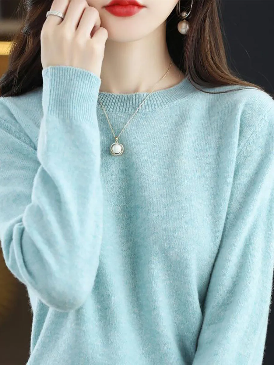 Women Autumn Casual Solid Wool O-Neck Knit Sweater