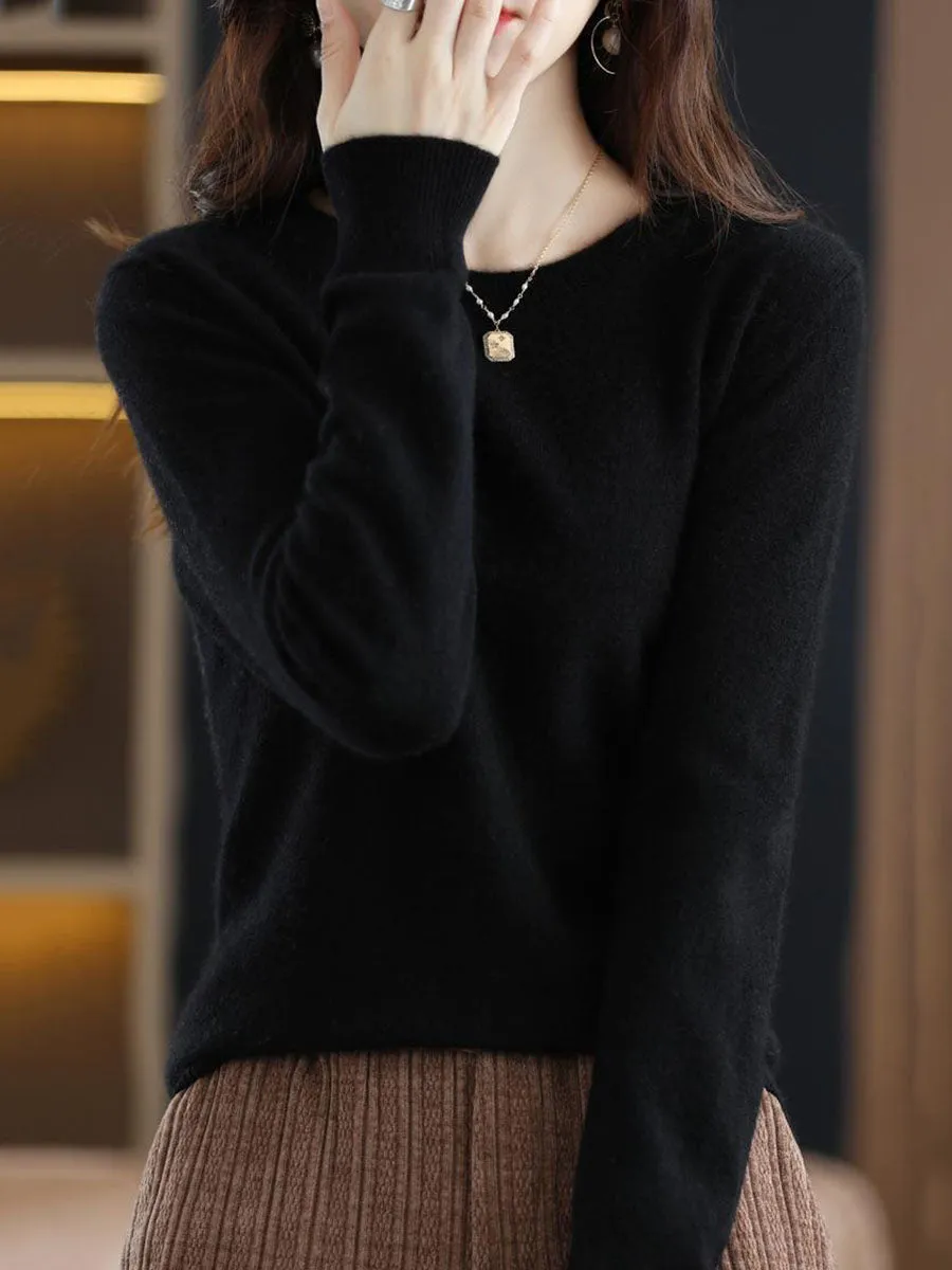 Women Autumn Casual Solid Wool O-Neck Knit Sweater