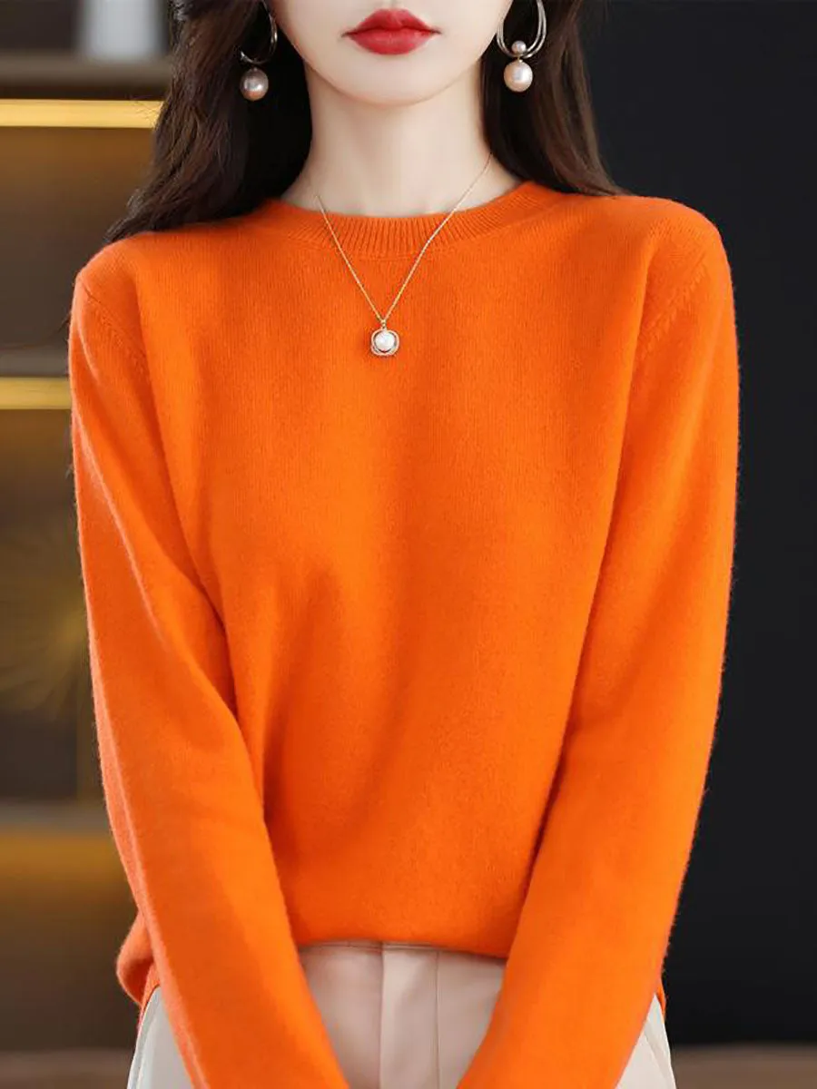 Women Autumn Casual Solid Wool O-Neck Knit Sweater