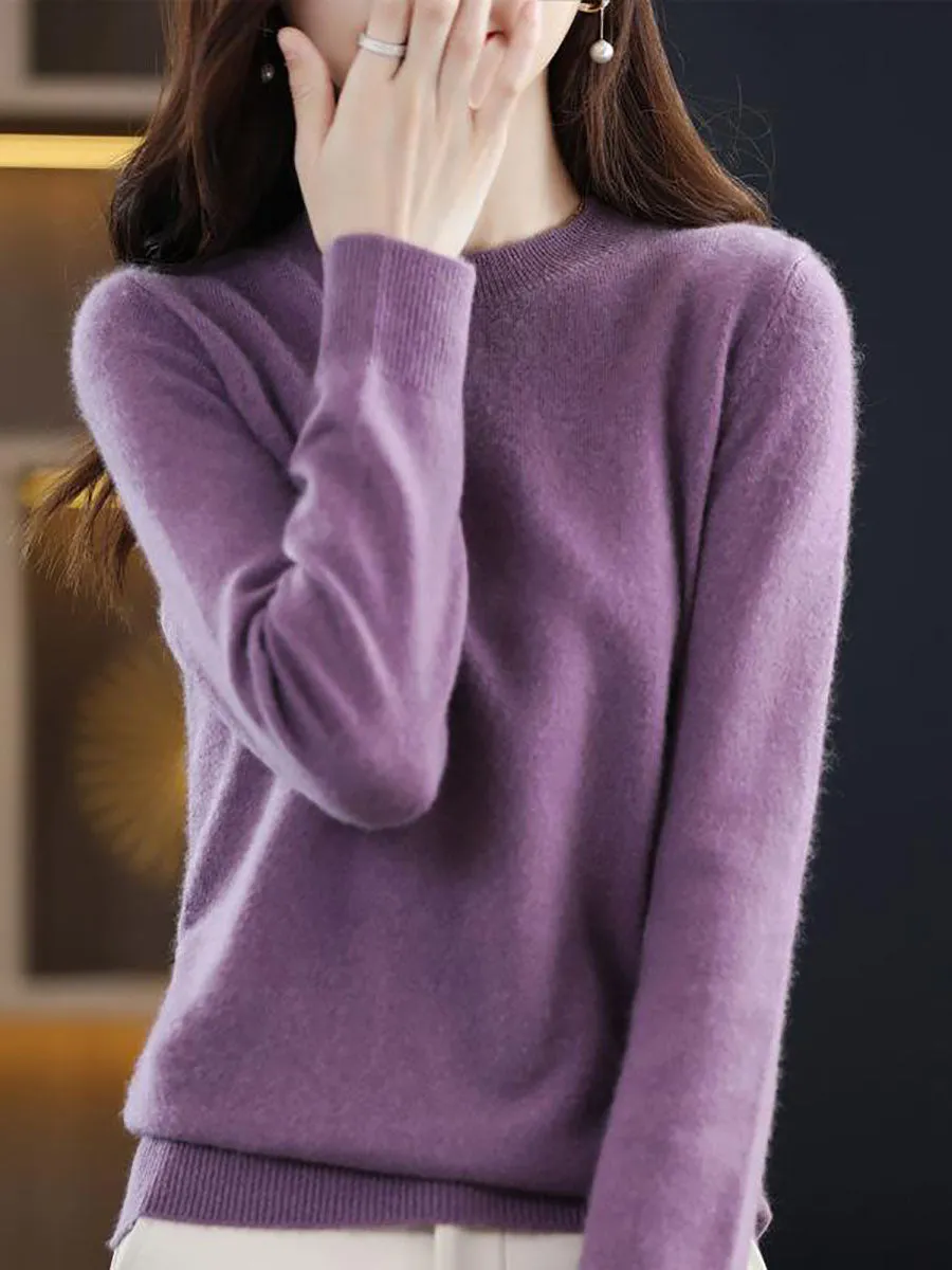 Women Autumn Casual Solid Wool O-Neck Knit Sweater